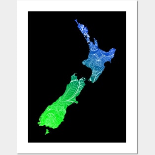 Colorful mandala art map of New Zealand with text in blue and green Posters and Art